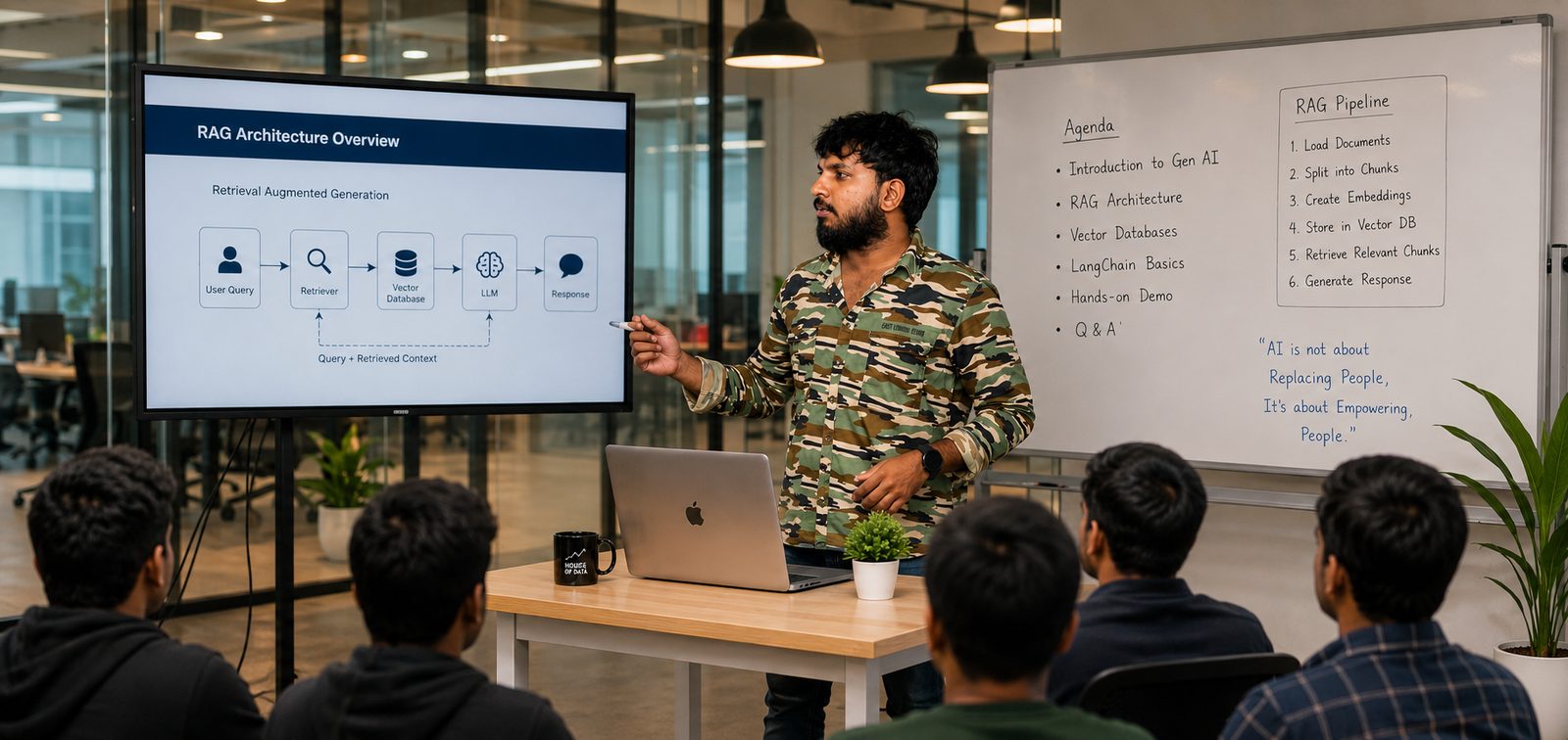 A House of Data trainer presenting a RAG architecture diagram on screen to a small group of students, with the retrieval pipeline written out on the whiteboard beside him.