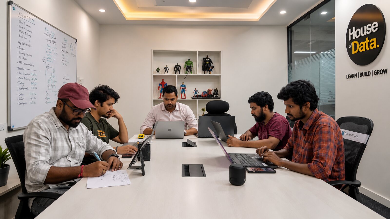 The House of Data boardroom on a working day: six engineers around the table with laptops, the project plan on the whiteboard and the House of Data sign on the glass wall.